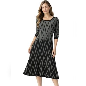 Just Taylor Chevron Knit Sweater Dress Midi 3/4 Sleeve Black Grey Sz L NWT